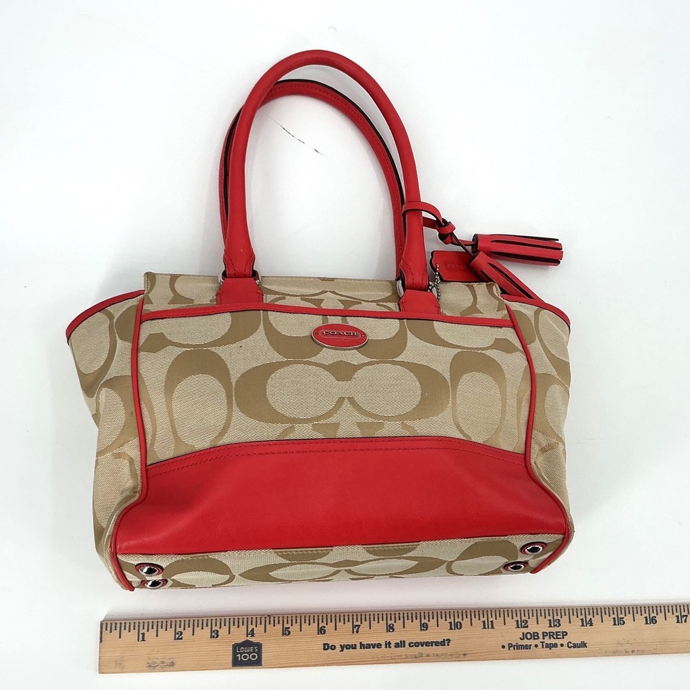 Coach 24204 Signature Tote Red Leather Trim Tassel Charm Excellent Condition - Picture 10 of 12